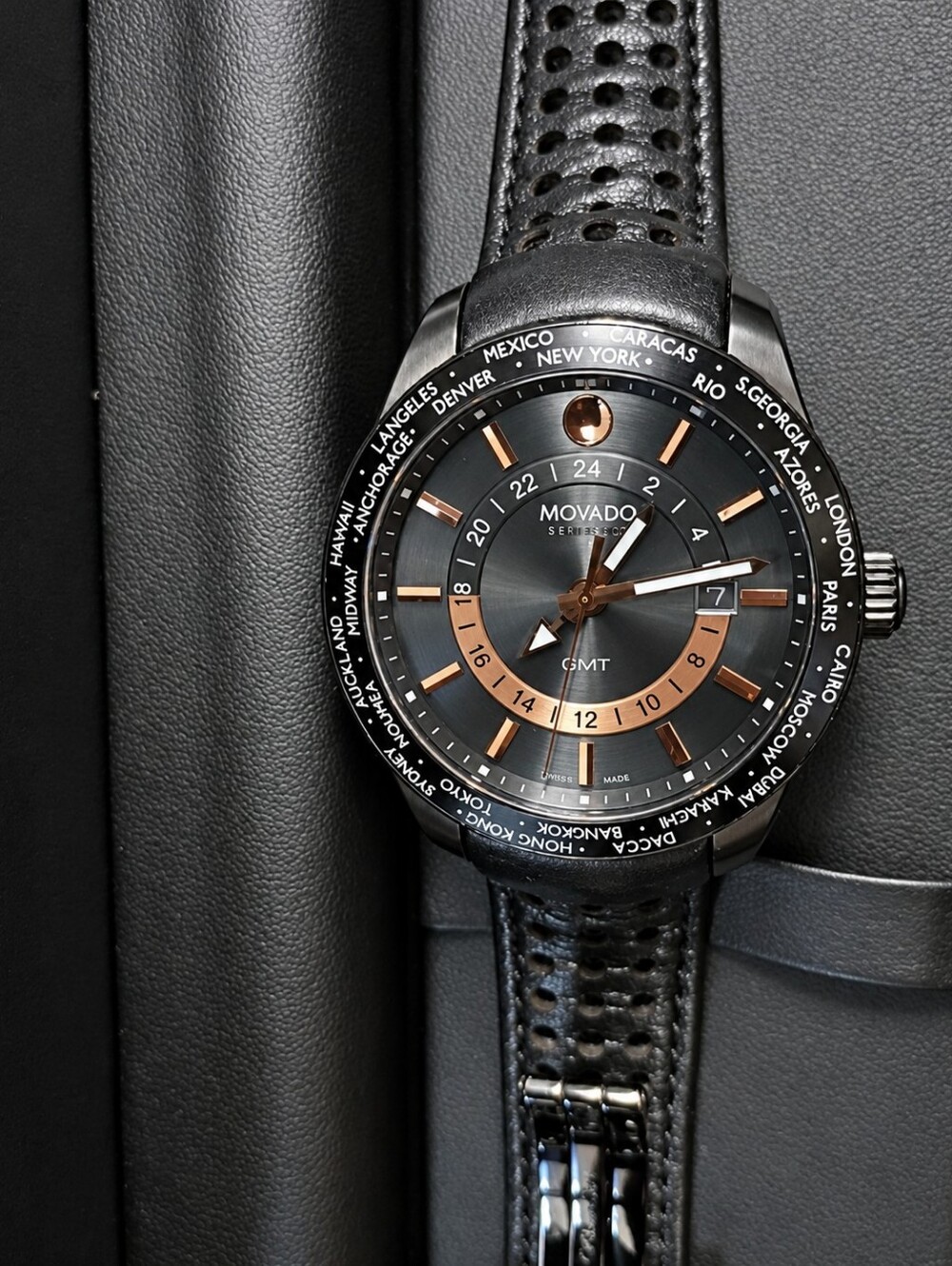 Movado Men’s Black Dial with Rose Gold Accents GMT Watch